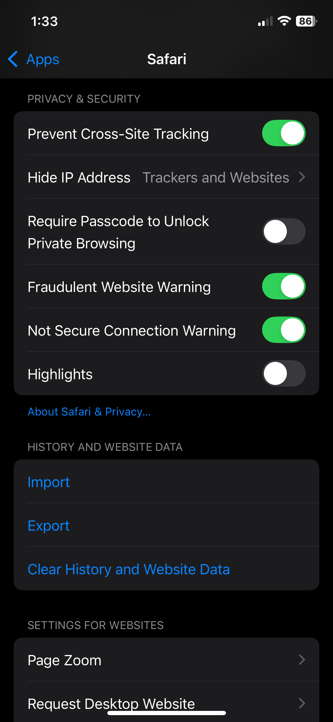 Safari Settings on iOS to prevent tracking