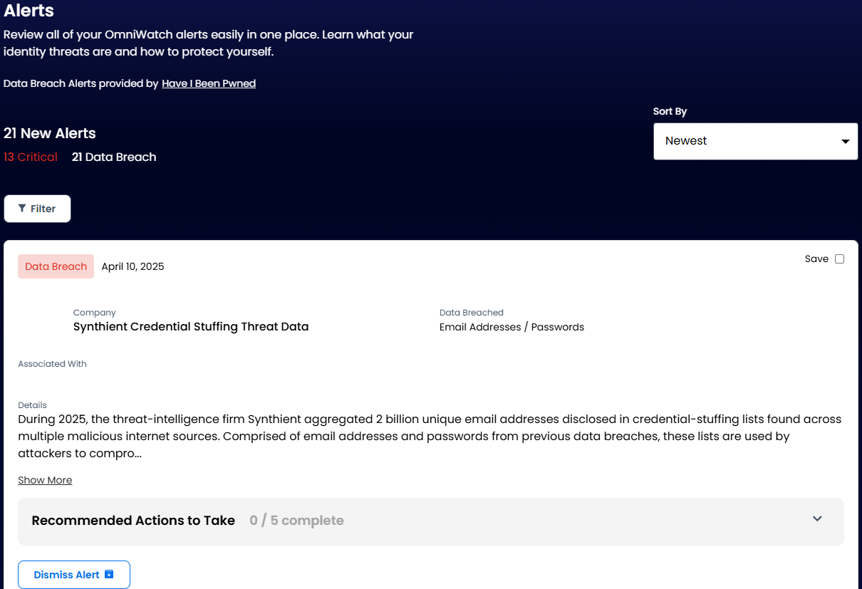 OmniWatch alerts dashboard showing latest breaches