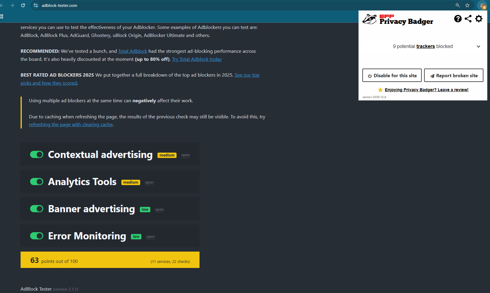 Privacy Badger Adblock Tester results