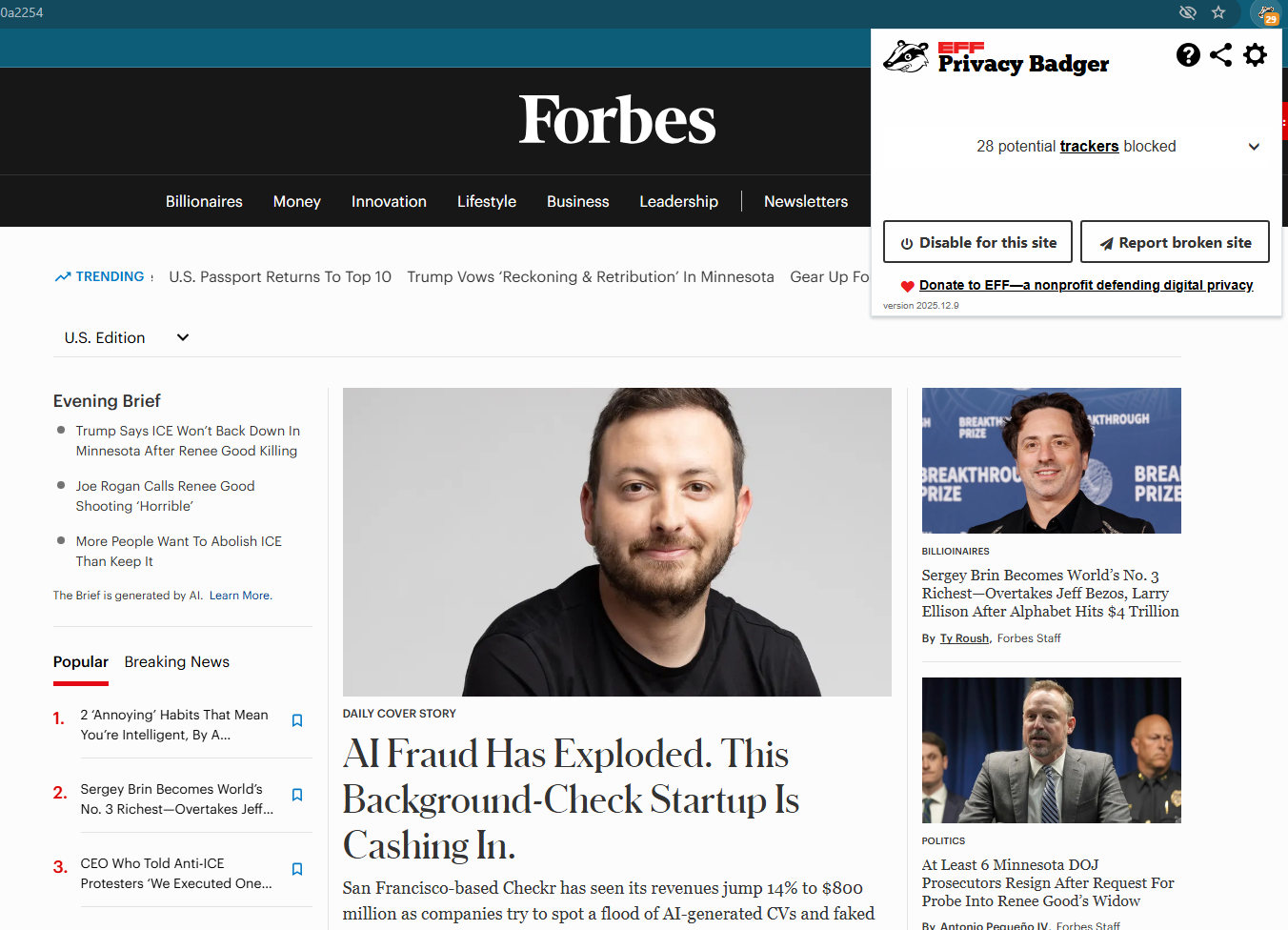 Privacy Badger blocks trackers on Forbes