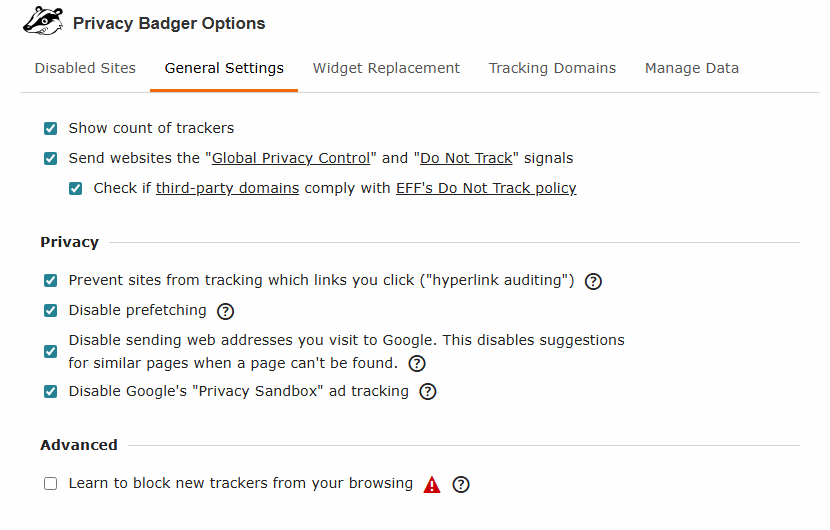 Privacy Badger General Settings
