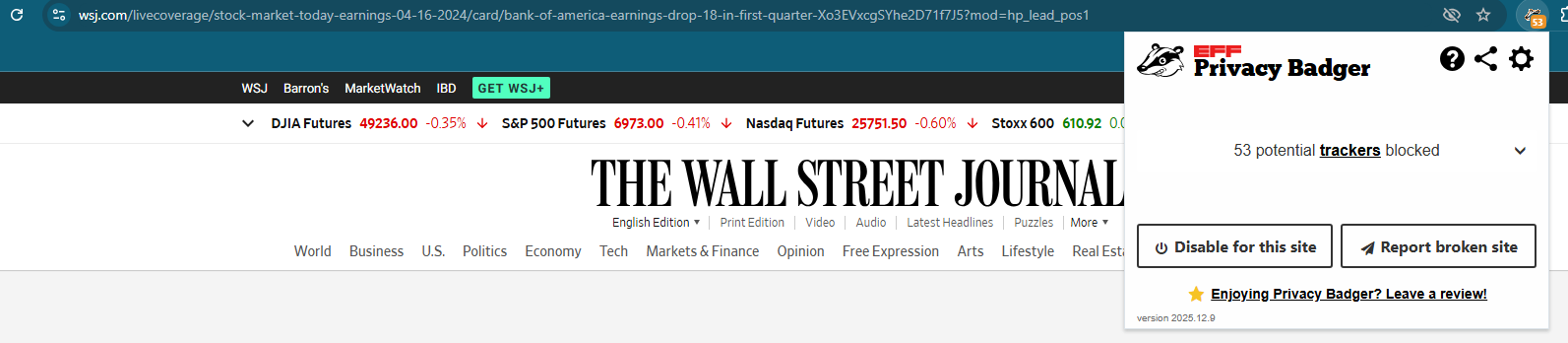 Privacy Badger blocked 53 trackers on the WSJ