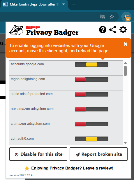 Privacy Badger customization preferences