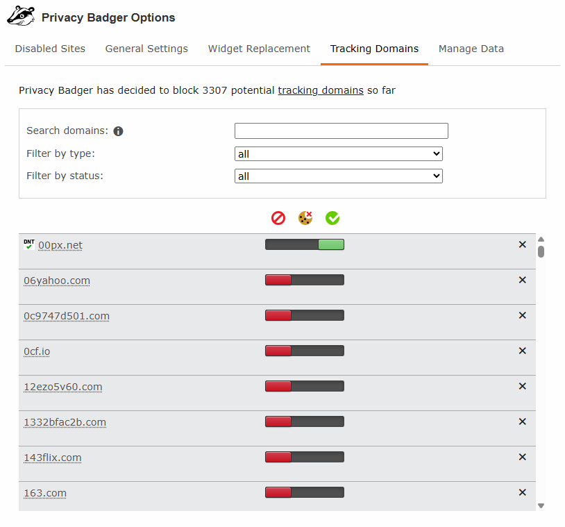 Privacy Badger Tracking Domains customization