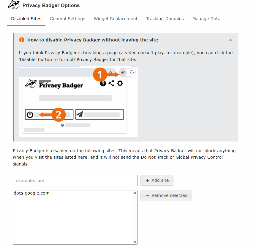 Privacy Badger Disable Sites feature