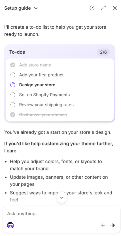 Shopify's Sidekick (AI assistant) chat open with a to-do list along with suggestions for further help