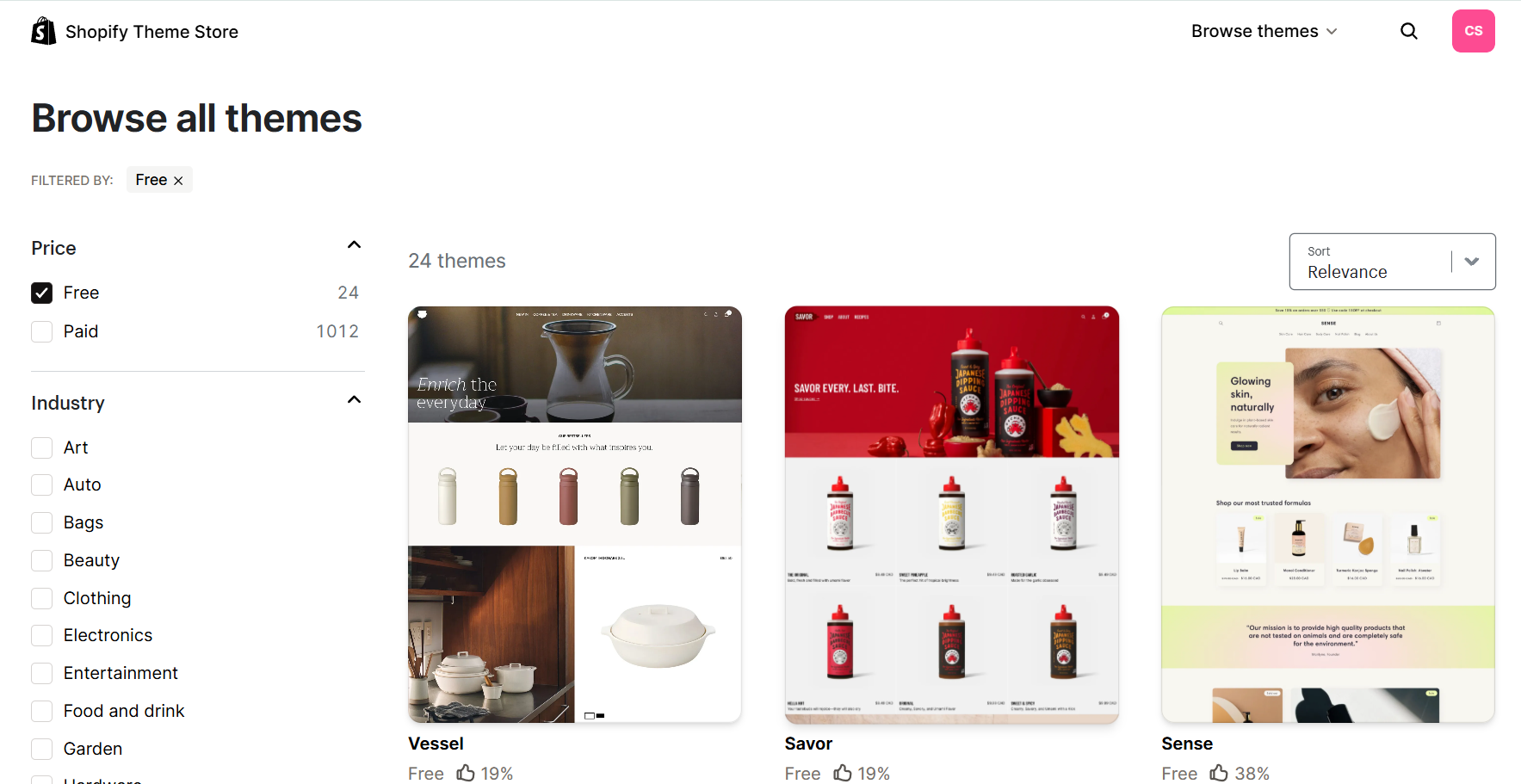 Shopify Theme Store filtered by free themes