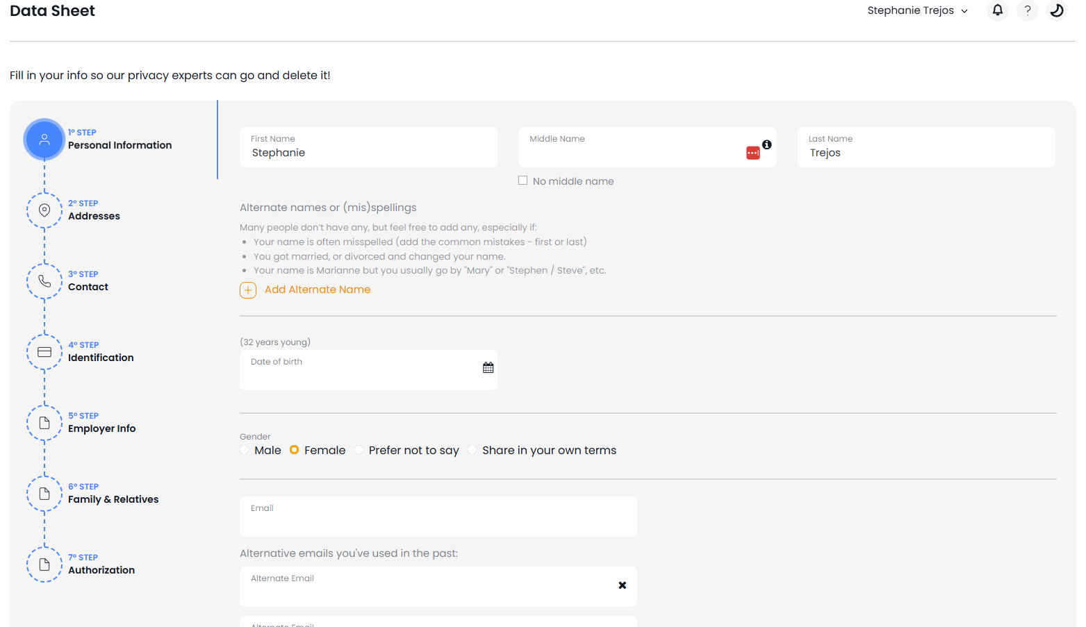 DeleteMe data sheet under the personal information tab. 