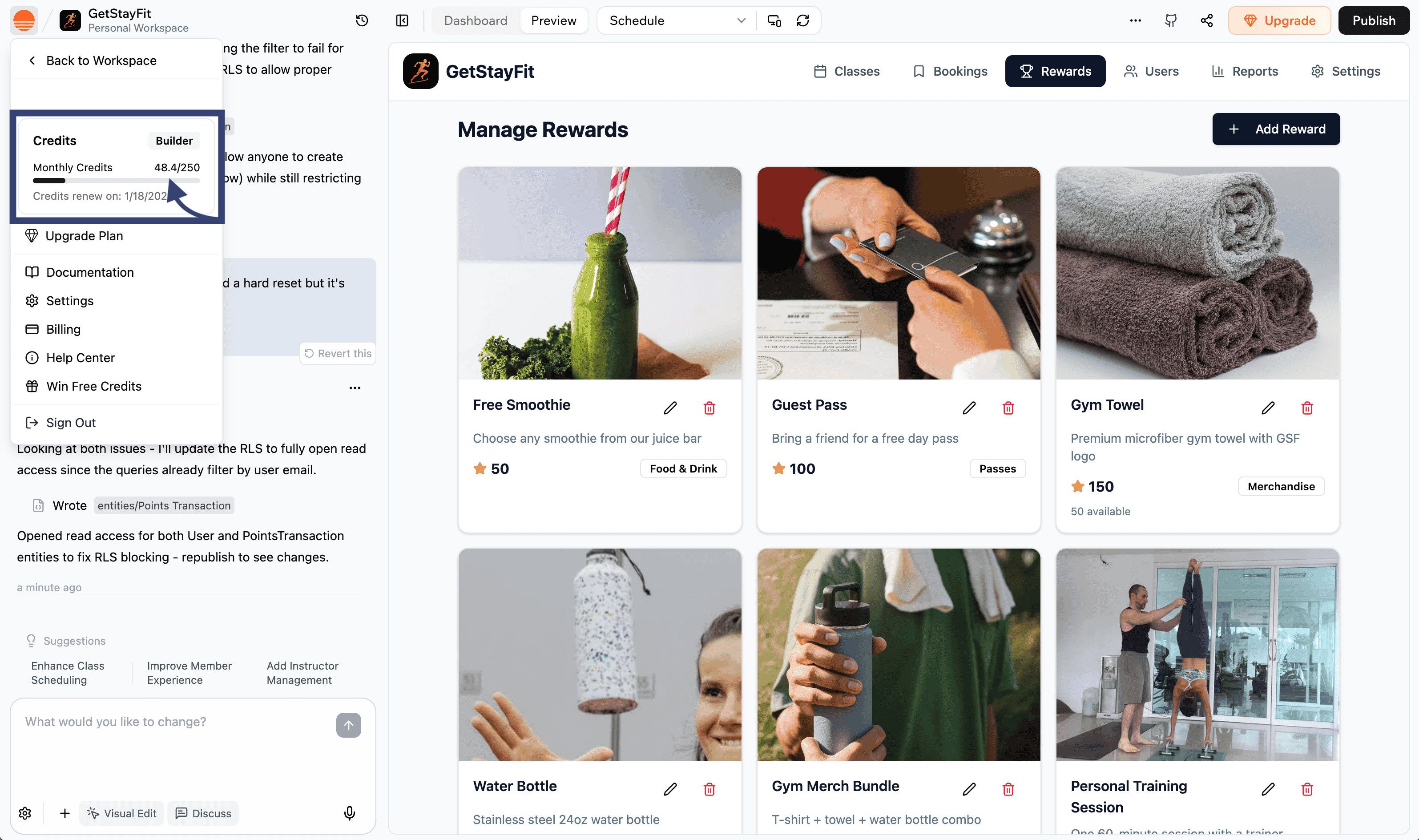 Base44 credits used for All About Cookies test app