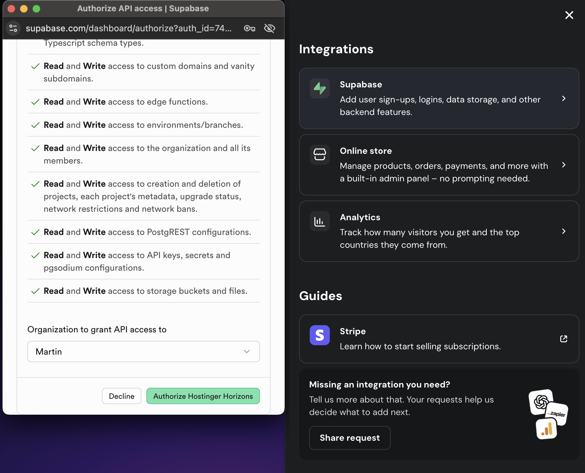 Integrate Supabase with Hostinger Horizons AI app builder