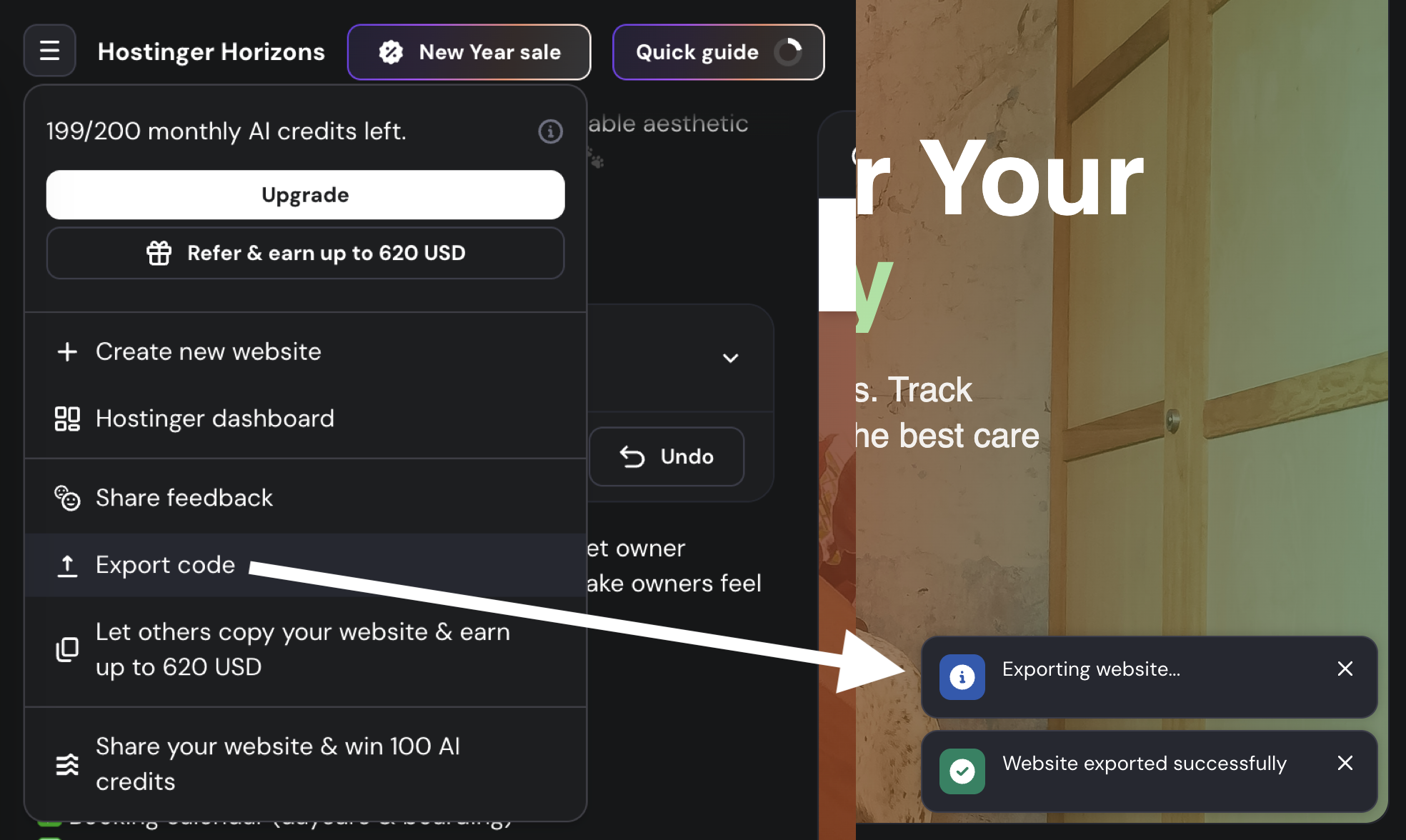Export Hostinger Horizons code