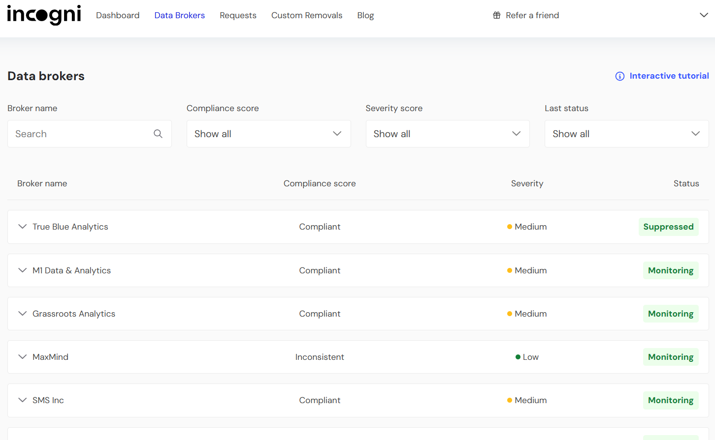 Incogni data brokers tab