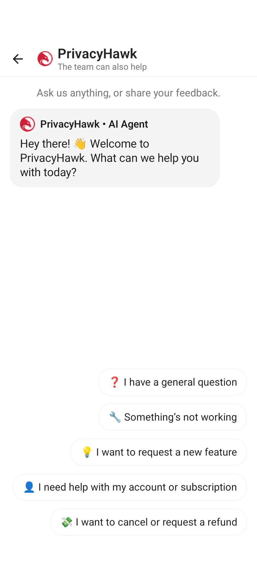 PrivacyHawk app chatbot customer support