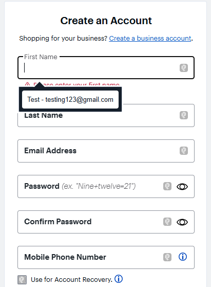 Account creation form for Best Buy with a pop-up from Bitdefender SecurePass to fill the form