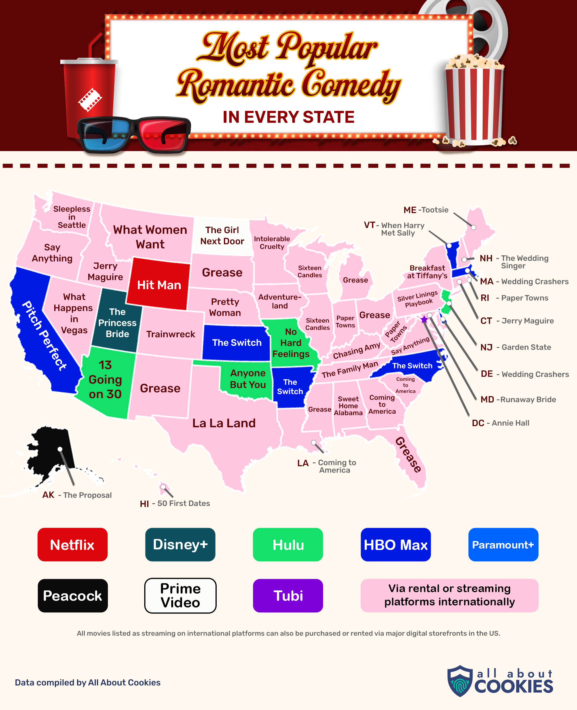 Map showing the most popular rom-coms by state