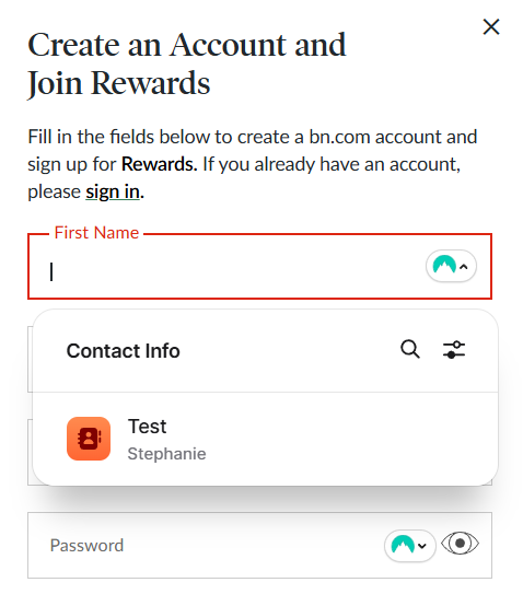 Barnes and Noble create account form with a contact info prompt from NordPass