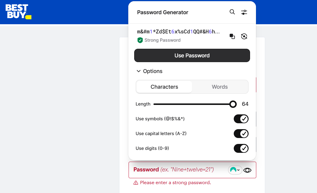 NordPass password generator appearing on the Best Buy account creation page