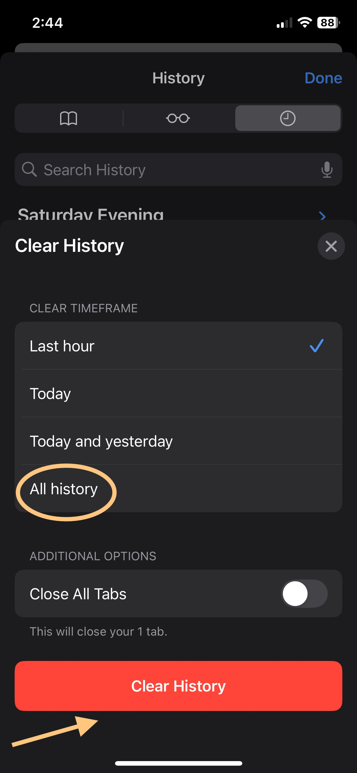 Select period to delete browsing history and clear cache in iPhone