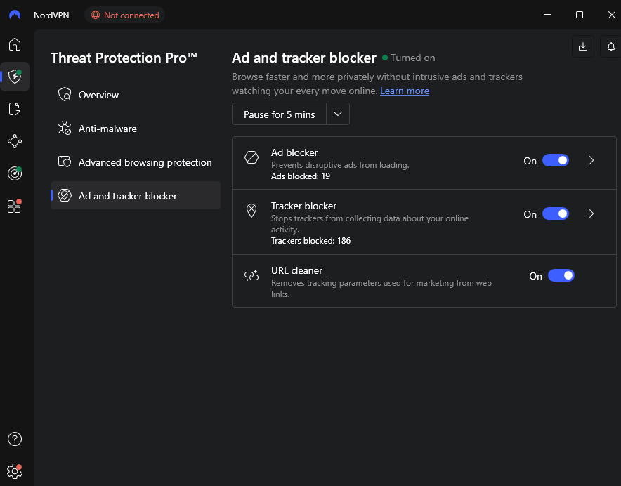 NordVPN Threat Protection Pro Ad and Tracker Blocker dashboard