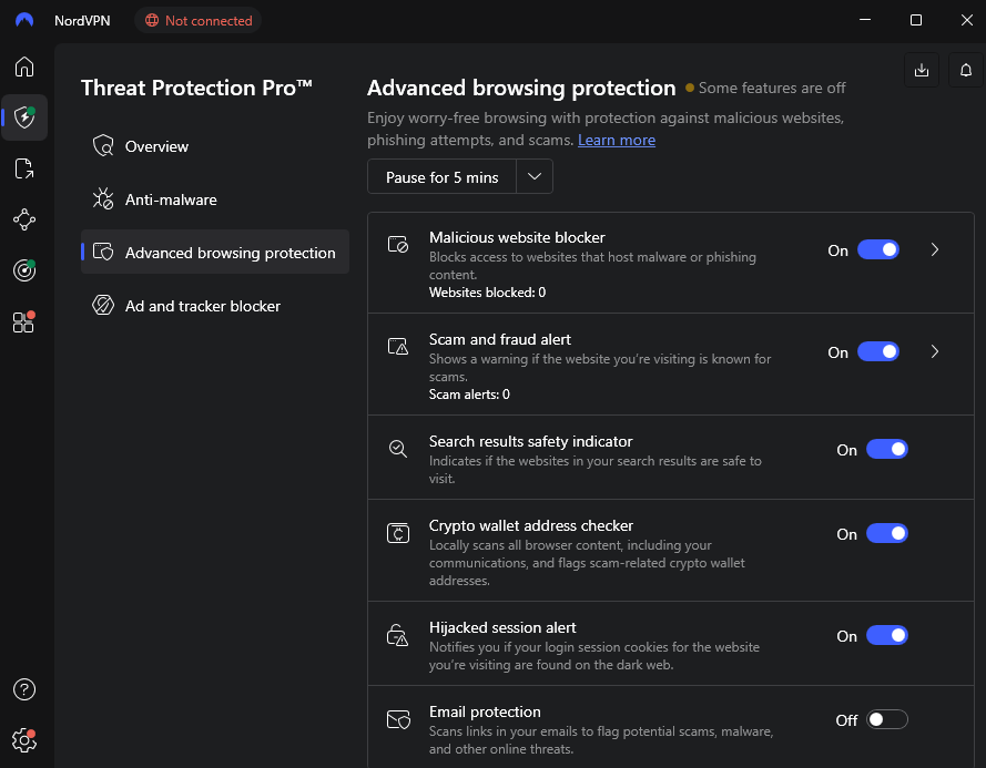 NordVPN Threat Protection Pro Advanced Browser Protection dashboard