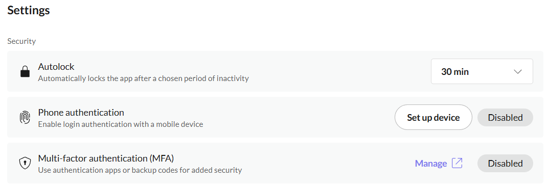NordLocker settings tab showing autolock, phone authentication, and multi-factor authentication options