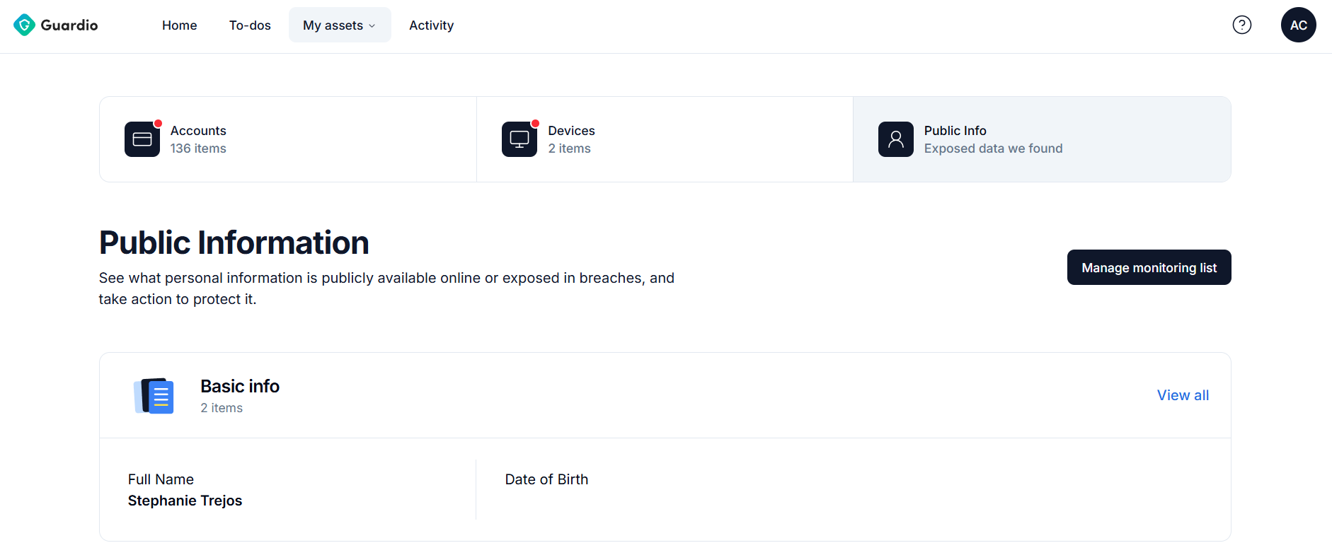 Guardio dashboard open on My assets > Public information tab