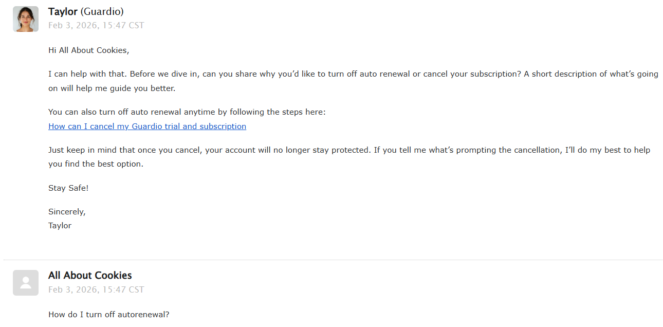 Email from Guardio support re: turning off autorenewal