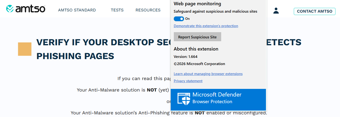 EICAR phishing test site with Microsoft Defender extension open