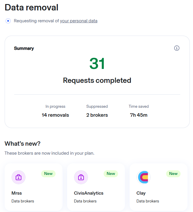 Aura data broker removal page (31 requests completed, 14 in progress)