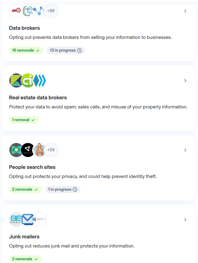 List of data brokers, real estate data brokers, people search sites, and junk mailers covered by Aura