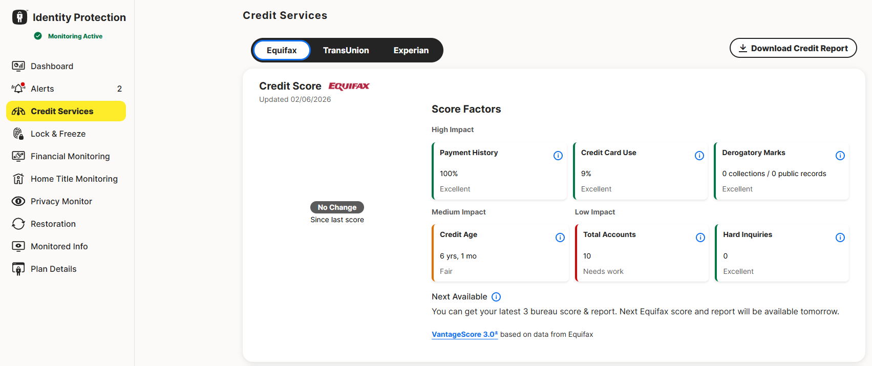 LifeLock credit services tab showing Equifax credit score and score factors