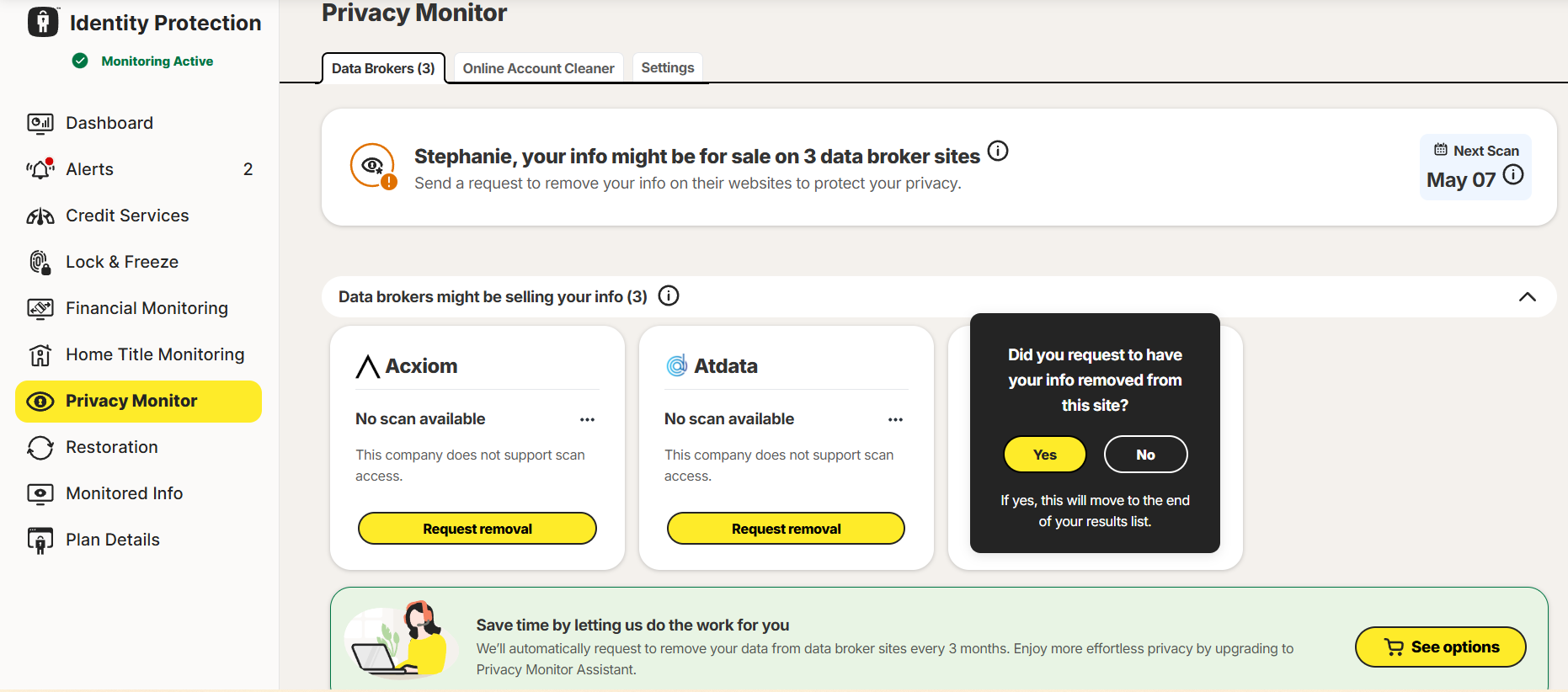 LifeLock Privacy Monitor tab (showing three brokers with our info)