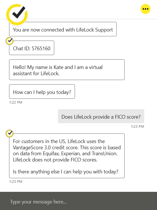 Live chat conversation with Norton virtual assistant