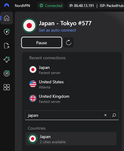 NordVPN quickly connects to server in Japan