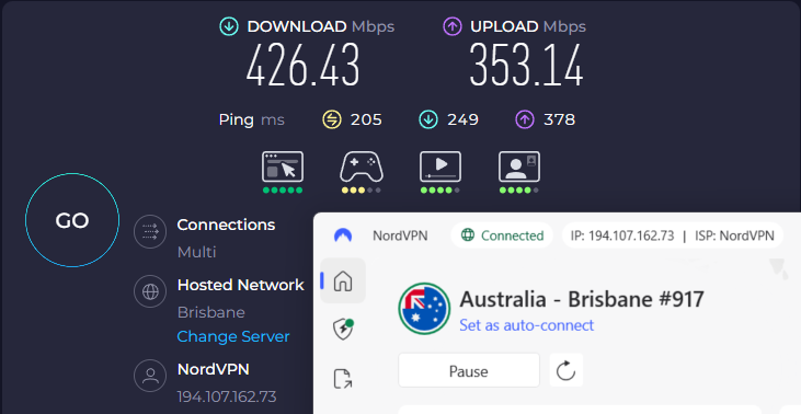 NordVPN AU speed test Texas to Brisbane