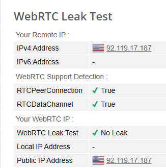NordVPN passed the WebRTC leak test