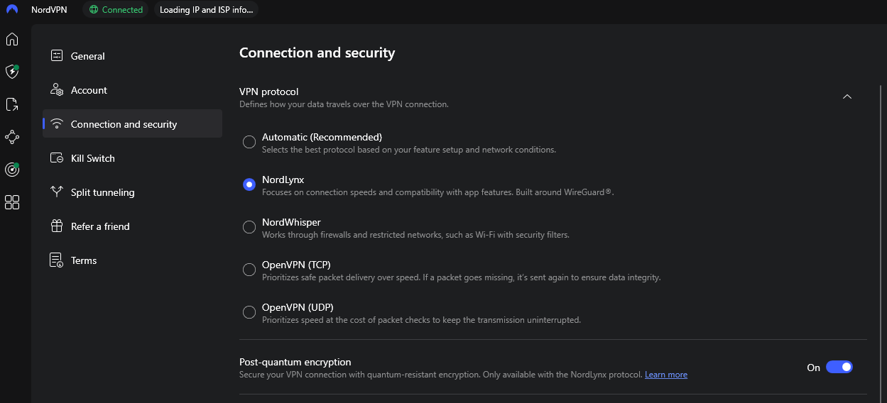 NordVPN post-quantum encryption enabled