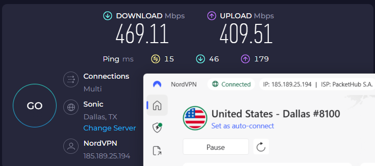 NordVPN U.S. speed test connected to Dallas server