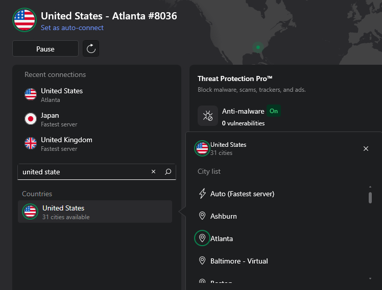 NordVPN U.S. servers list for All About Cookies test