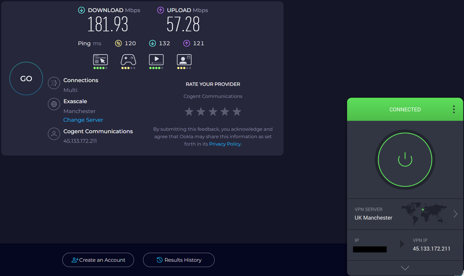 Speed test results for Private Internet Access while connected to a server in Manchester (181.93 download, 57.28 upload, 120 ping).