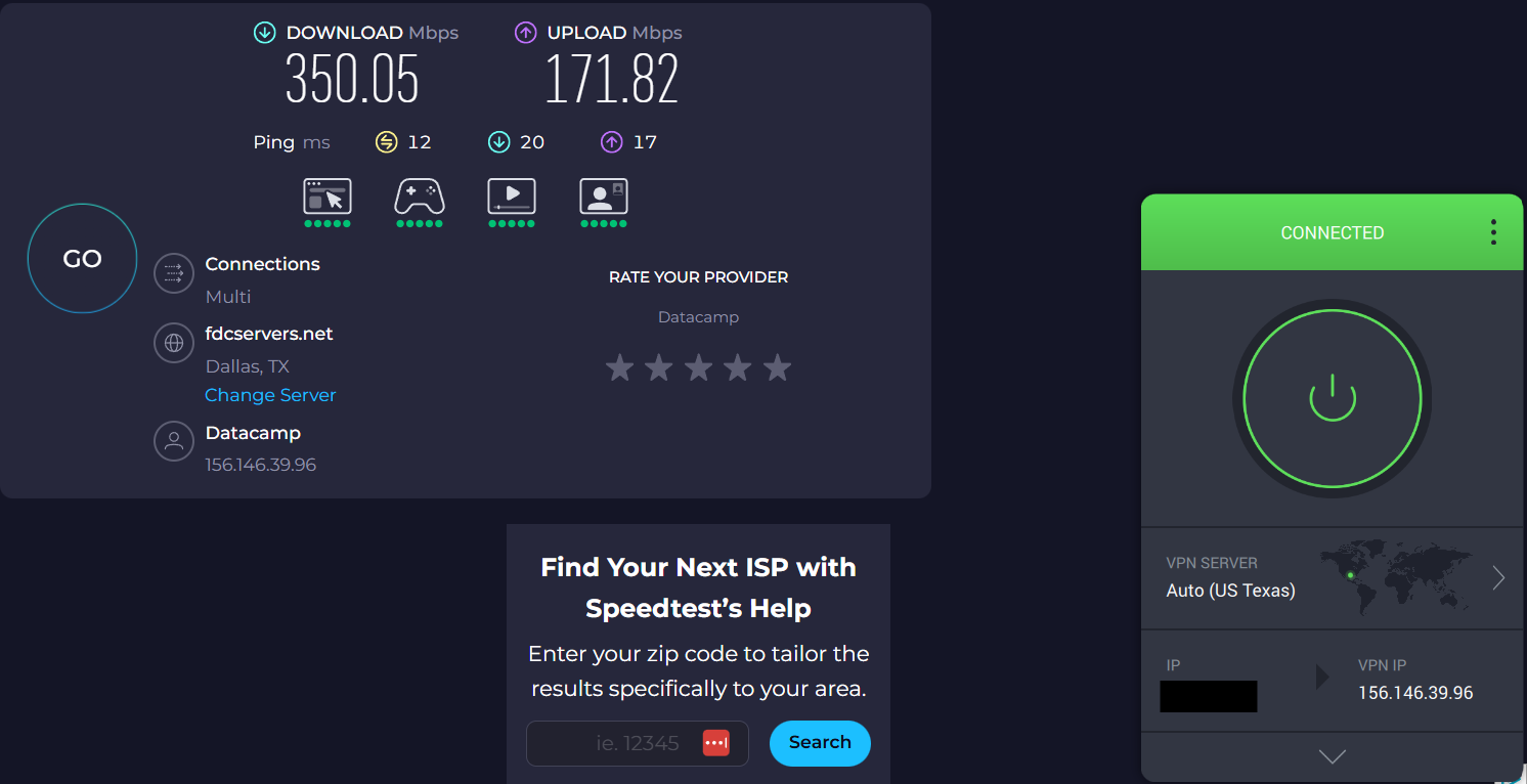 Speed test results for Private Internet Access while connected to a server in Dallas (350.05 download, 171.82 upload, 12 ping).