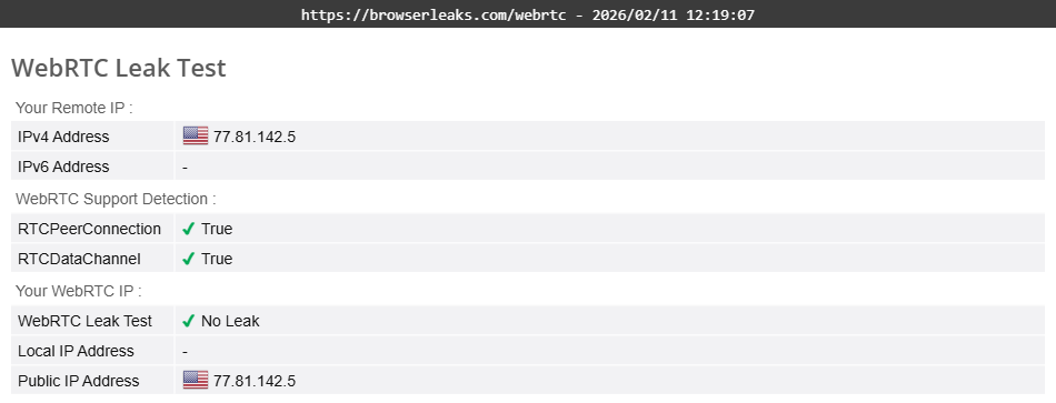 Private Internet Access's WebRTC leak test results (pass)