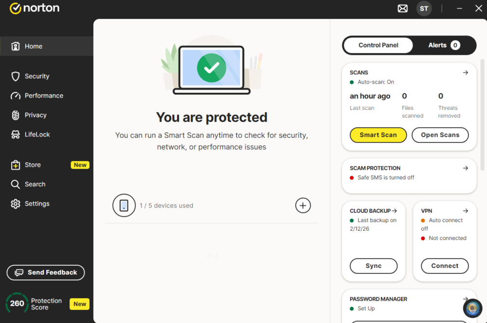 Norton dashboard home tab