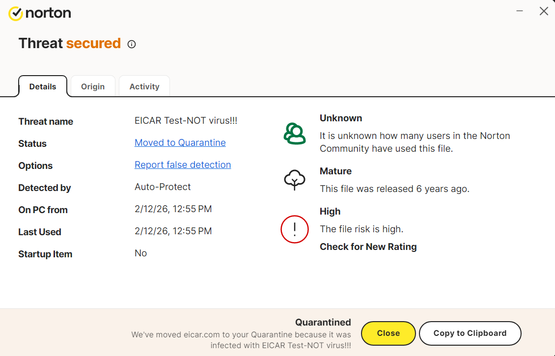 Norton pop-up notifying that the threat (EICAR file) has been secured