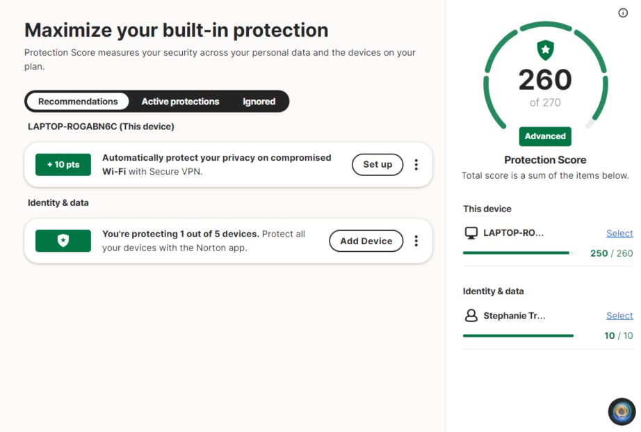 Norton Protection Score tab (260/270)