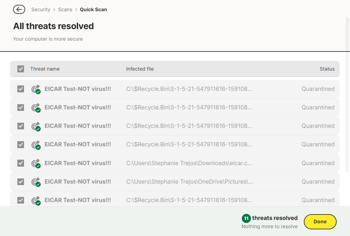 Norton quick scan results indicating 11 threats files were found