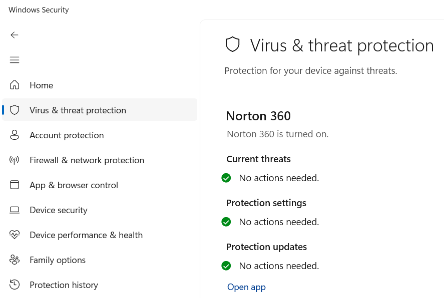 Windows Security window indicating that Norton 360 is turned on
