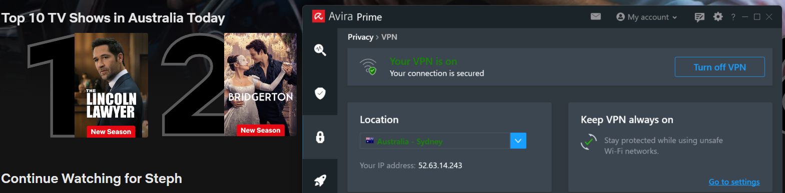 Netflix list of top shows in Australia today with Avira Phantom VPN in the foreground