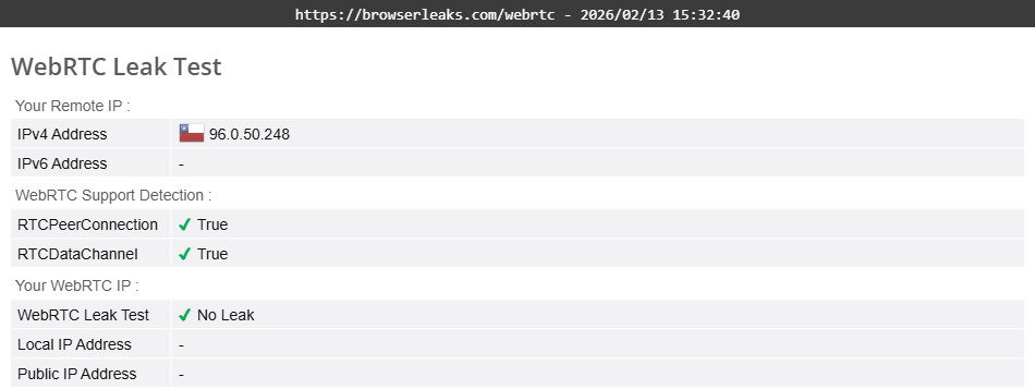 Avira Phantom VPN's WebRTC leak test results (passed).