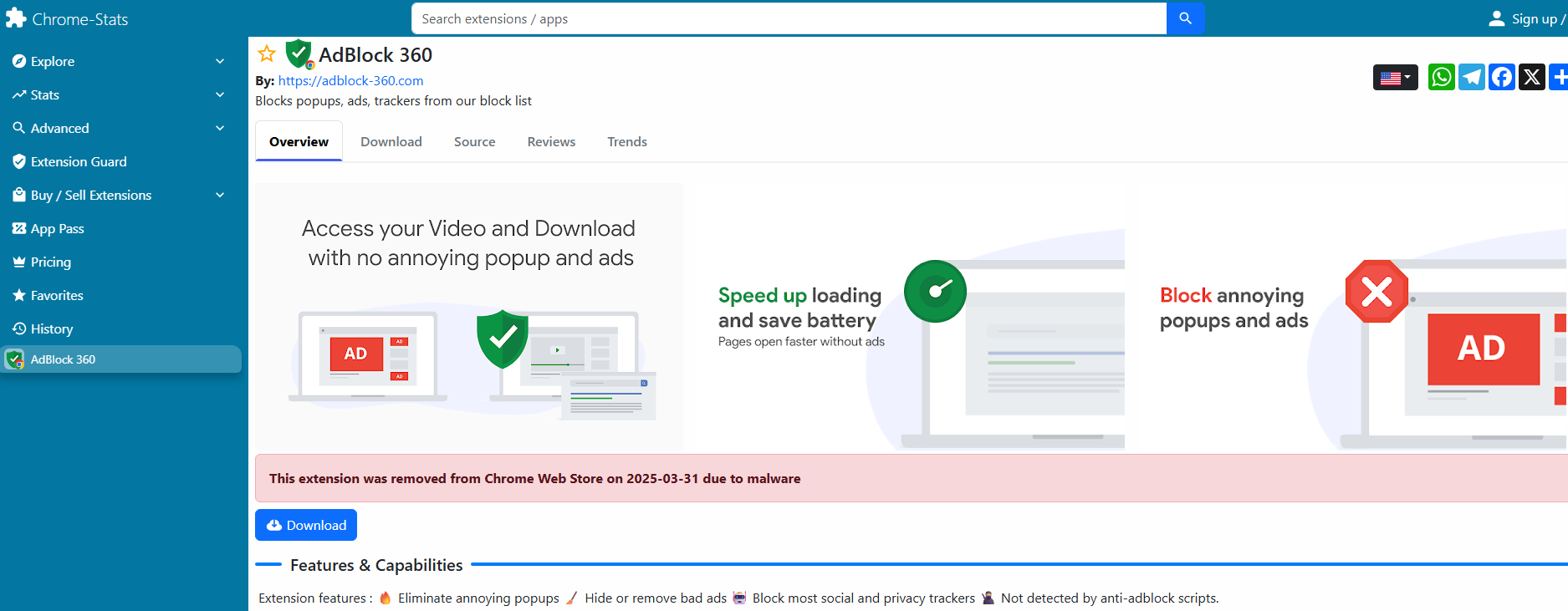 Chrome removed the malware extension AdBlock 360